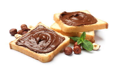 Toasts with chocolate hazelnut spread, nuts and mint isolated on white