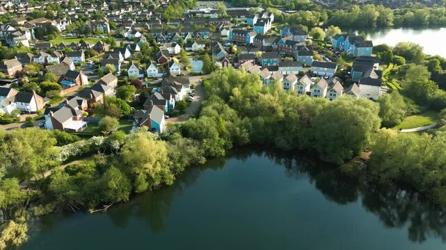Aerial drone view of  Leybourne Lakes and housing estate, Aylesford, Kent, England