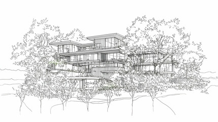 Modern hillside mansion architectural sketch, lush trees background; real estate brochure