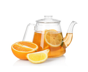 Glass teapot with aromatic fruit tea, orange and lemon isolated on white