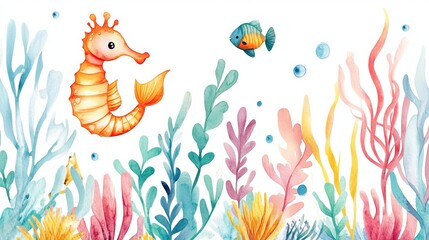 A charming watercolor illustration of a seahorse and other underwater creatures.  Perfect for a sea-themed children's party, this cute cartoon design showcases the beauty of the ocean's plant