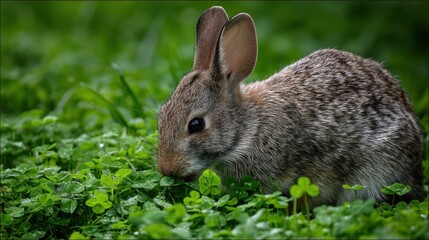 Fototapeta premium Eastern Cottontail Rabbit Grazing on Dew-Kissed Clover