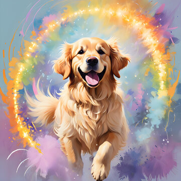 A very happy golden retriver in dynamic run,  vibrant explosion of lights and pastel colors 