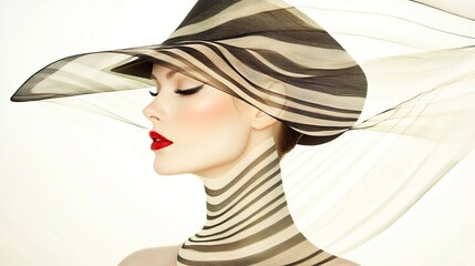 Elegant caucasian female in striped hat with bold red lips