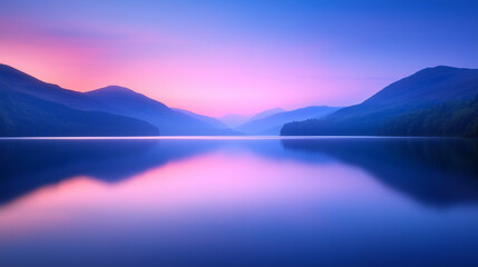 Fototapeta premium Serene twilight mountain lake and misty pastel sky reflection 