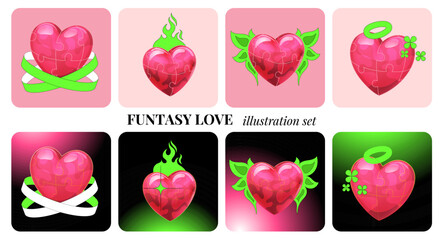 Set of illustrations of bright hearts icons in cartoon fantasy style. Vector design elements