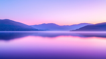 Serene twilight mountain lake and misty pastel sky reflection
