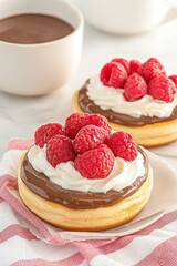 Delicious raspberry chocolate pastries with creamy topping on plate