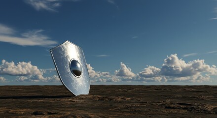 Metal Shield Standing on Ground Under Blue Sky with Clouds