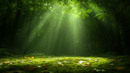 Obraz premium Sunlight rays filtering through green forest canopy onto clearing 