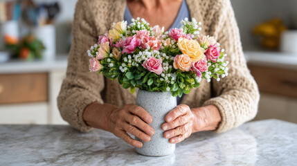 Creative woman arranging flowers in minimalist vase, showcasing beautiful bouquet of pink and yellow roses, greenery, and delicate white accents. scene evokes warm, inviting atmosphere