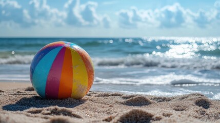 Obraz premium Colorful beach ball on sandy shore with ocean waves under a cloudy sky
