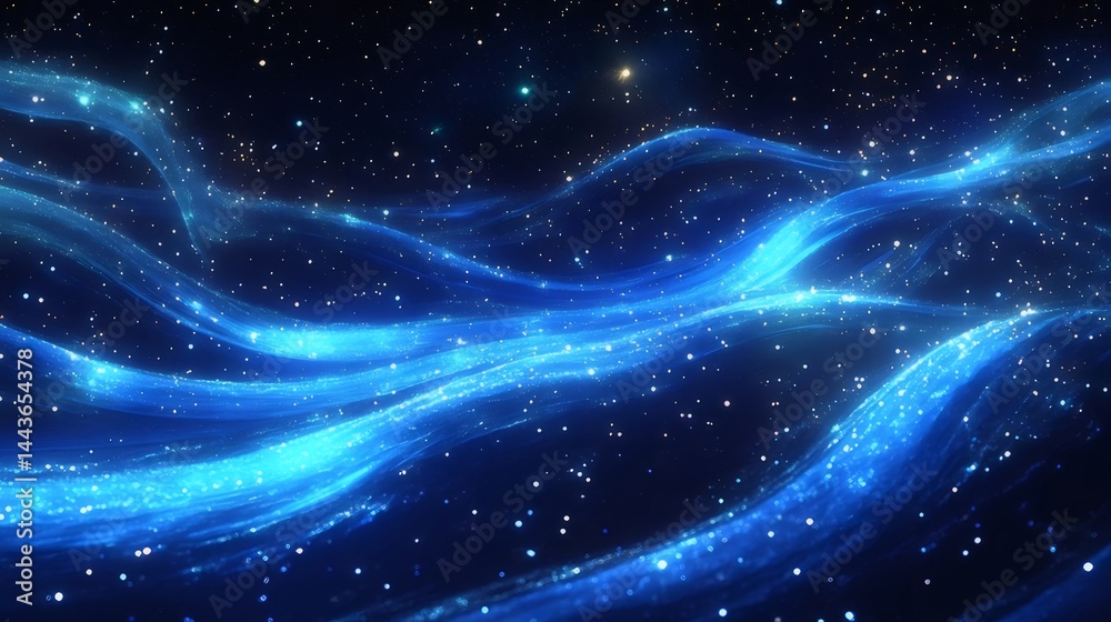 Poster 青い宇宙空間に輝く光と星が流れる抽象的な背景デザイン 幻想的なデジタルアート作品