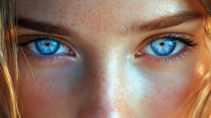 Fototapeta premium Close-up of young female with piercing blue eyes and freckles
