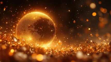 Golden Earth, glowing, cosmic dust, dark background, website banner