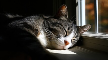 Sun-Dappled Grey Tabby Cat Napping on Windowsill