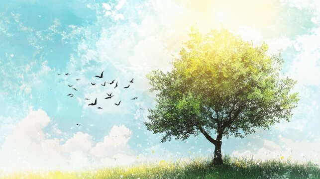 The Mustard Seed: A small mustard seed growing into a large tree, with birds nesting in its branches under a bright sky.