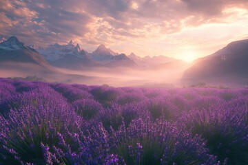 Obraz premium Lavender Fields at Sunrise with Majestic Mountains