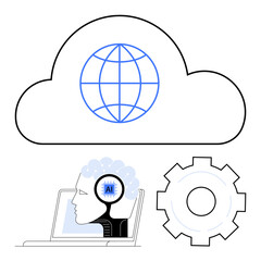 Cloud outline with globe inside, AI chip in head silhouette connected to laptop, and gear icon. Ideal for AI, cloud computing, machine learning, innovation, global access, automation simple landing