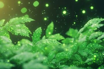 Lush green leaves with light particles in a magical forest scene