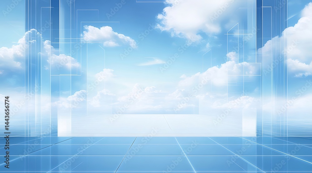 Poster 青空と雲の背景に透明なガラスの構造が組み込まれた未来的なデザインの風景