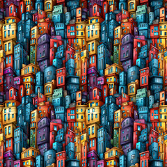 Fototapeta premium Seamless pattern of colorful urban buildings in cartoon style, densely packed and vibrant