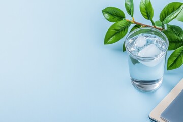 Glass of water with ice cubes beside green leaves and blue background