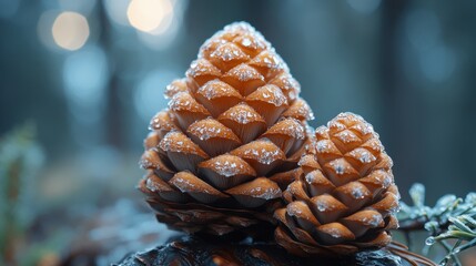 Frosty pinecones in a winter forest