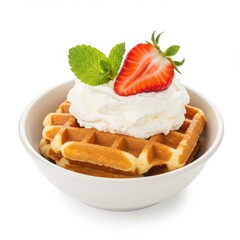 Waffles with cream and strawberry isolated on white background
