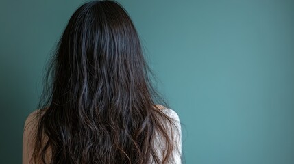 Fototapeta premium Asian female with long dark hair facing away against teal background