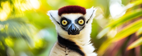 Fototapeta premium Crowned sifaka lemur stares directly at the camera intensely