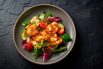 Grilled cheese is beautifully arranged on a fresh salad featuring mixed greens, cherry tomatoes, and herbs, showcasing vibrant colors and textures in a contemporary dish