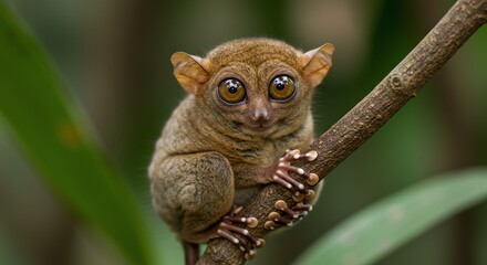 Tarsier Holding Onto a Branch with Big Eyes Staring