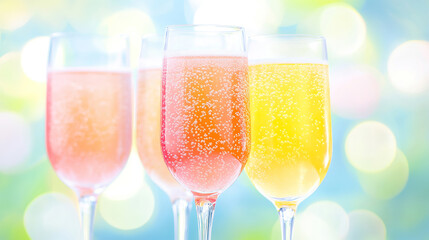 Colorful sparkling drinks in elegant glasses against bright bokeh background
