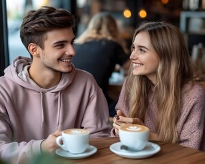 Happy young people chatting and having coffee on a friends date