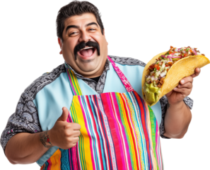 A man wearing a colorful apron is holding a large taco