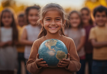 Naklejka premium Smiling girl holding globe with children background