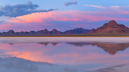 Fototapeta premium Mirror-flat desert salt flat at sunset
