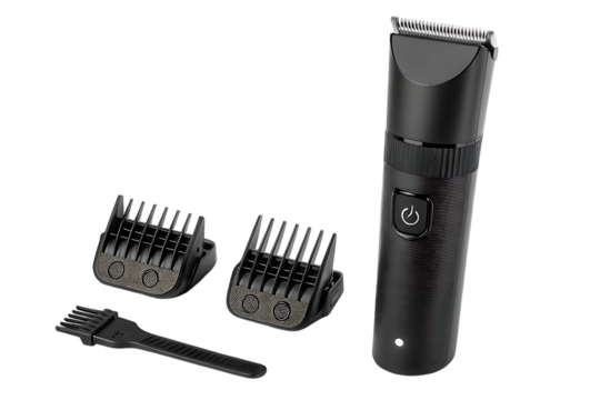 Electric hair clipper and trimmer kit for grooming on transparent background