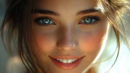 Fototapeta premium Close-up portrait of young caucasian female with freckled skin and blue eyes smiling