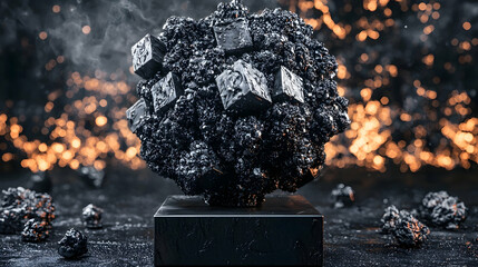 Dark metallic sphere sculpture on stand, fiery background, abstract art, industrial design