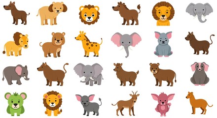 Obraz premium Cartoon Animal Set with Lion, Elephant, Dog and More