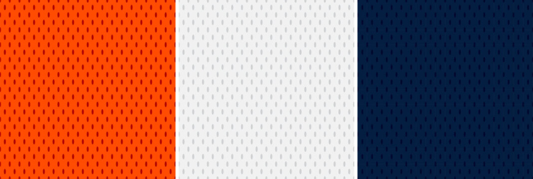 3 Hockey Jersey Mesh Seamless Vector Patterns in Orange, White and Navy Blue. Tricolore Sports Background. Athletic Fabric Texture Close-Up. Breathable and Moisture Wicking Sportswear Textile.
