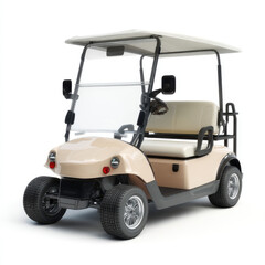 Beige golf cart with a light beige top and seats.  Features a clear windshield, mirrors, and black accents