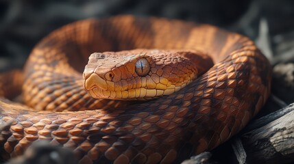Obraz premium Close-up of a coiled venomous snake with scales and piercing eyes in natural habitat