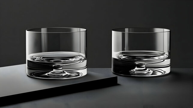 Two empty whiskey glasses on dark surface, studio shot, minimalist background, ideal for bar or drinks menu