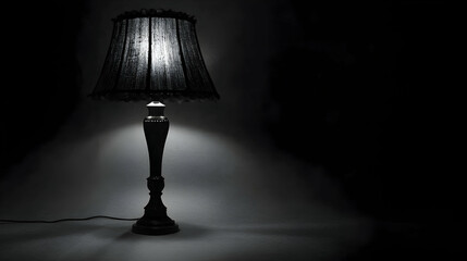 Illuminated table lamp in dark room, glowing softly, creating shadows. Use Interior design, mood, lighting
