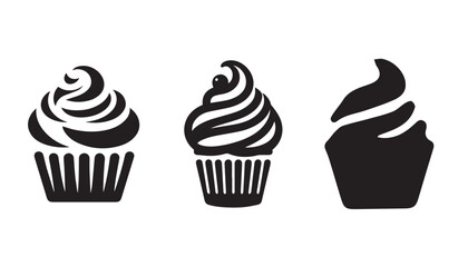 Cupcake Vector Set with Frosting Toppers, Sweet Dessert Icons in Minimal Style.