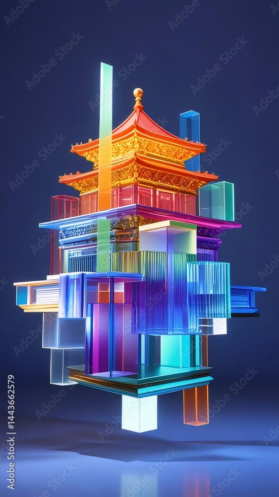 Poster 抽象的な多層構造のカラフルなタワーデザイン 夜空のような暗い背景に浮かぶ光と影
