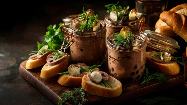 Gourmet liver pate in jars and on baguette slices garnished with fresh herbs on a dark wood serving board